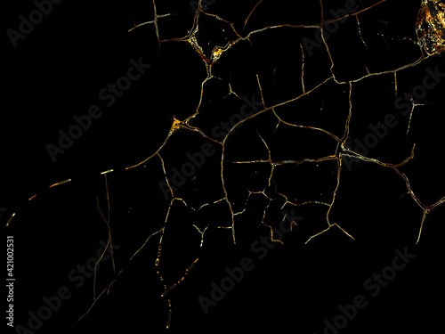 Golden kintsugi crack on black background. Abstract hand draw decorative element. Japanese style