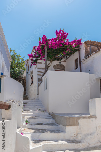 Cycladitic alley with traditional stairs, whitewashed houses and a blooming bougainvillea in Chora kythnos, cyclades, Greece.