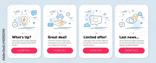 Set of Business icons, such as Pets care, Smile face, Inspiration symbols. Check eye line icons. Vector