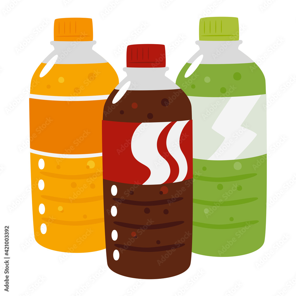 ペットボトルの炭酸ジュースのイラスト コーラやオレンジ味 メロンソーダなど Stock Vector Adobe Stock