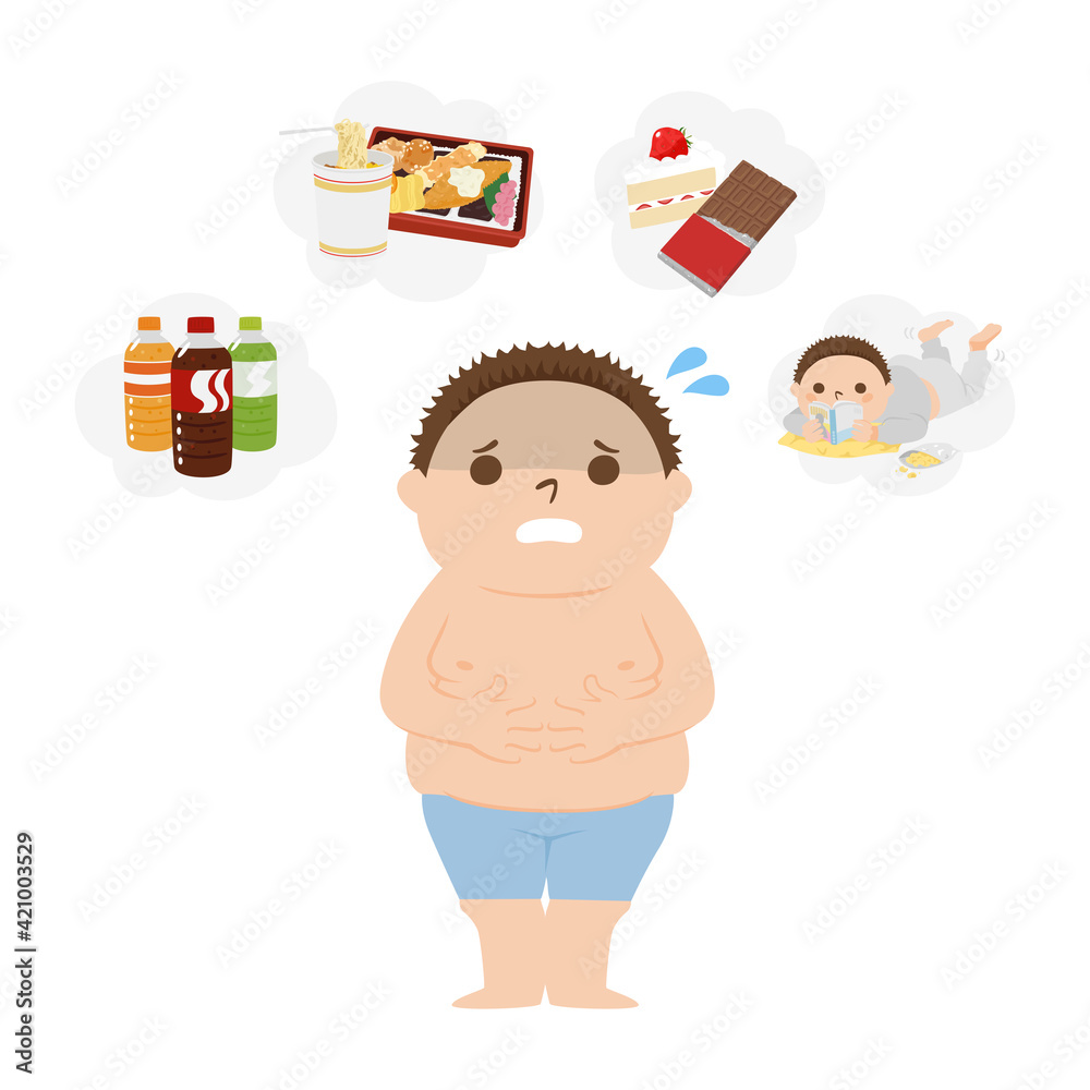 甘いスイーツやジュース 運動不足などが原因で太ってしまった男性のイラスト Illustration Stock Adobe Stock