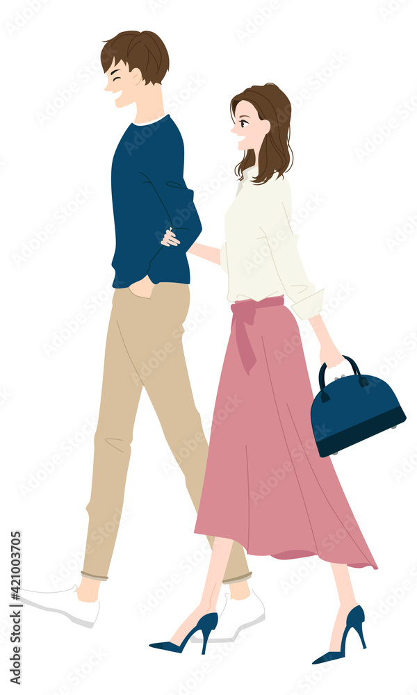 男性とデートしてる女性のイラスト。二人で食事や買い物に行く若いカップル。