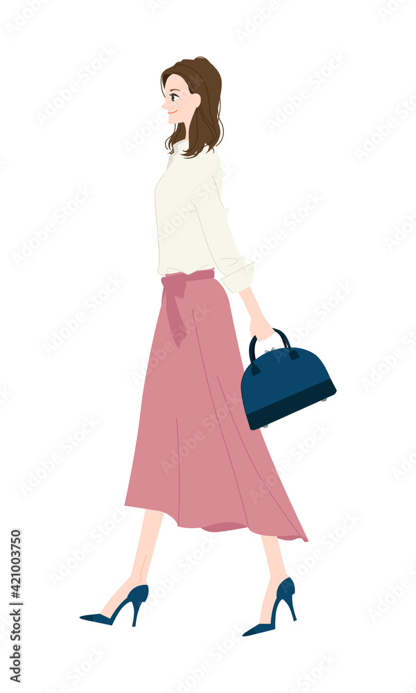 散歩してる女性のイラスト。オシャレをして買い物に行く若い女性。