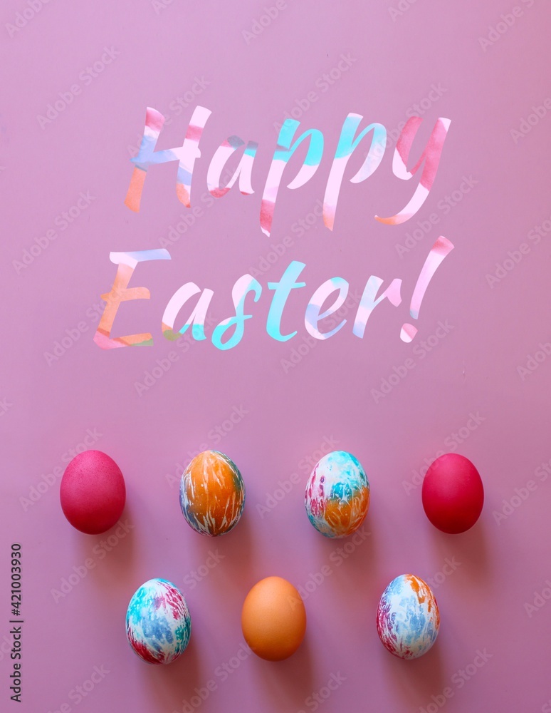 Colorful hand-painted Easter eggs on pink background. Text: Happy Easter! 
