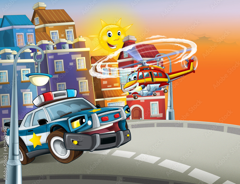 Naklejka premium cartoon scene with cars vehicles on street with fireman