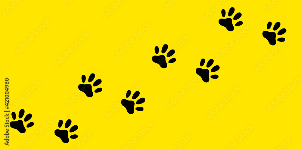 Cat dog paw foot print track diagonal. Footpath trail silhouette. Black footprint set. Cute kawaii animal sign symbol. Flat design. Yellow background. Isolated.