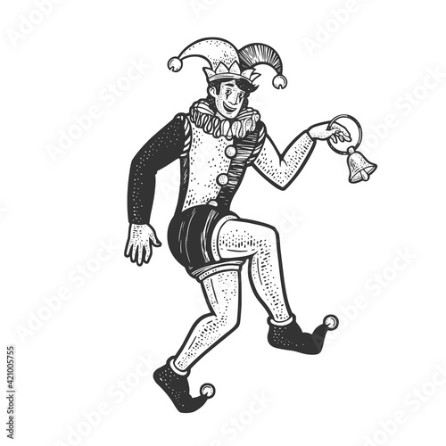 medieval jester sketch engraving vector illustration. T-shirt apparel print design. Scratch board imitation. Black and white hand drawn image. © Oleksandr Pokusai