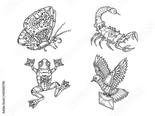 Mechanical animal set butterfly scorpion frog pigeon sketch engraving vector illustration. T-shirt apparel print design. Scratch board imitation. Black and white hand drawn image.