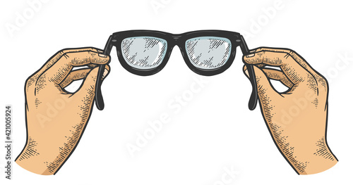 Glasses in hands color sketch vintage engraving vector illustration. Scratch board style imitation. Black and white hand drawn image.