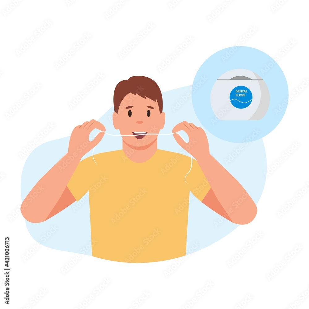Man brushes teeth with dental floss. Smiling mouth with healthy teeth. Oral hygiene and dental procedures concept. Cute vector illustration in flat Man brushes teeth with dental floss. Smiling mouth with healthy teeth. Oral hygiene and dental procedures concept. Cute vector illustration in flat