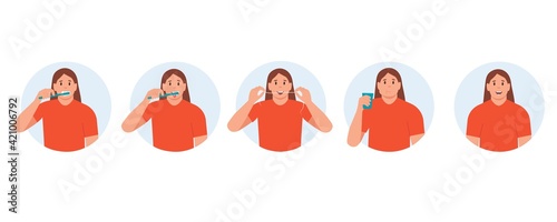 Woman brushing teeth stages. Collection. Dental care and hygiene. Brush your teeth, tongue, floss, rinse your mouth.Flat vector illustration