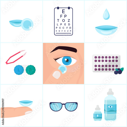 Ophthalmology set. Contact lenses kit. Set for comfort wearing of contact eye lenses. Put on contact lens. Eye test chart. Vitamins for eyes with blueberries. Vector illustration.