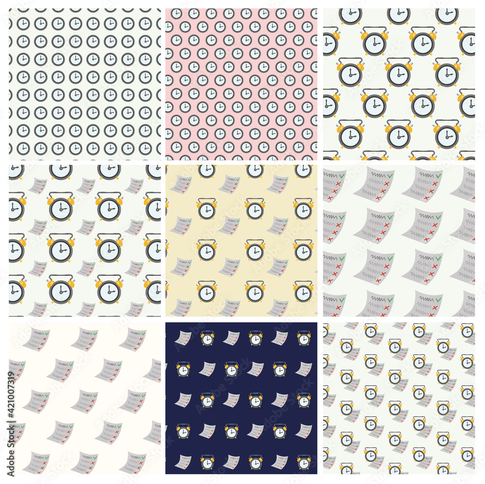 Vector set of seamless patterns with alarm clock and check list ...
