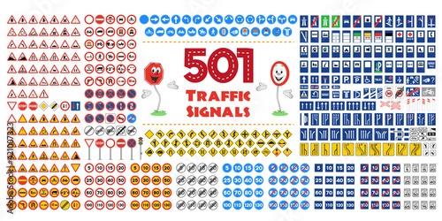 Photo Full collection of 501 Traffic or Road signals isolated on white background