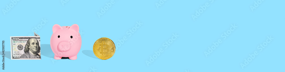 . Piggy bank, one hundred dollar bill and bitcoin on a bright blue background. The concept of safe storage of financial savings. . Piggy bank, one hundred dollar bill and bitcoin on a bright blue background. The concept of safe storage of financial savings.