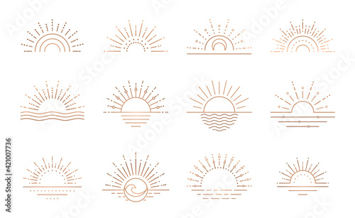 Boho sunrise logo, sun line art vector. Sunset stock vector logo design © biancaoddi