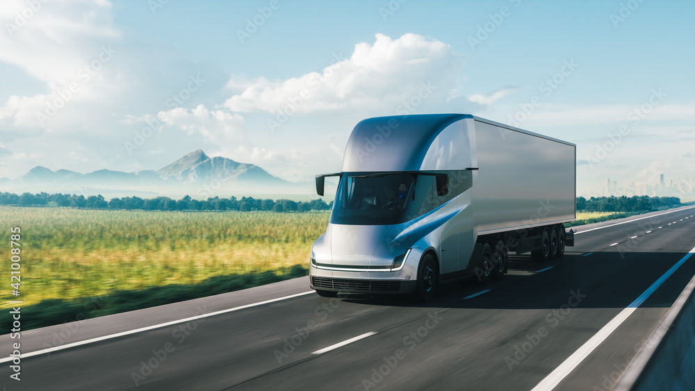 Cargo truck driving on a highway. 3d illustration