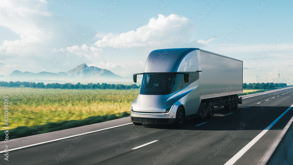 Cargo truck driving on a highway. 3d illustration Cargo truck driving on a highway. 3d illustration