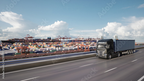 Cargo truck with container driving to the port. 3d illustration