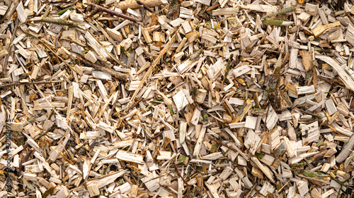 Wood chippings sawdust offcuts overhead view for natural textured backgrounds
