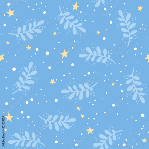 Abstract blue background seamless floral pattern with yellow stars for kids