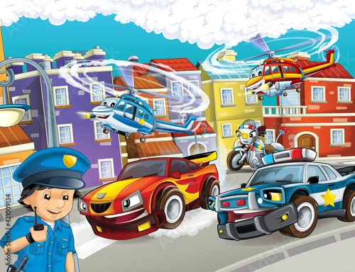 cartoon scene with cars vehicles on street with fireman