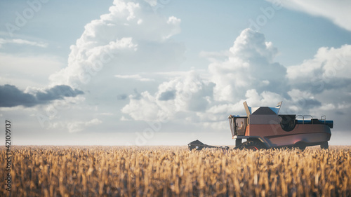 Combine harvester gathers the wheat crop. Modern combine harvester gathers wheat crop in field at sunset. Combines working in field. 3d illustration
