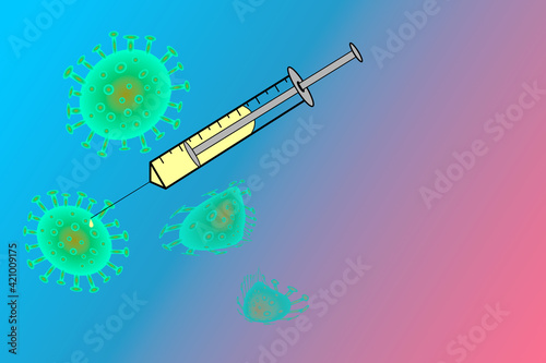 Ein COVID-19 Virus wird mit einer Spritze geimpft und dadurch unschädlich gemacht. Spritze, Corona, Virus, Serum photo
