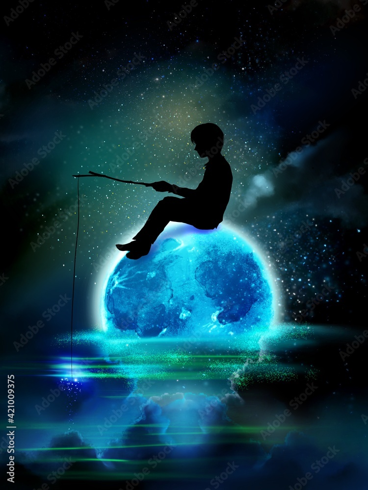Silhouette of a boy fishing sitting on a blue full moon that has fallen on the surface of the sea with the stars reflected in the sky