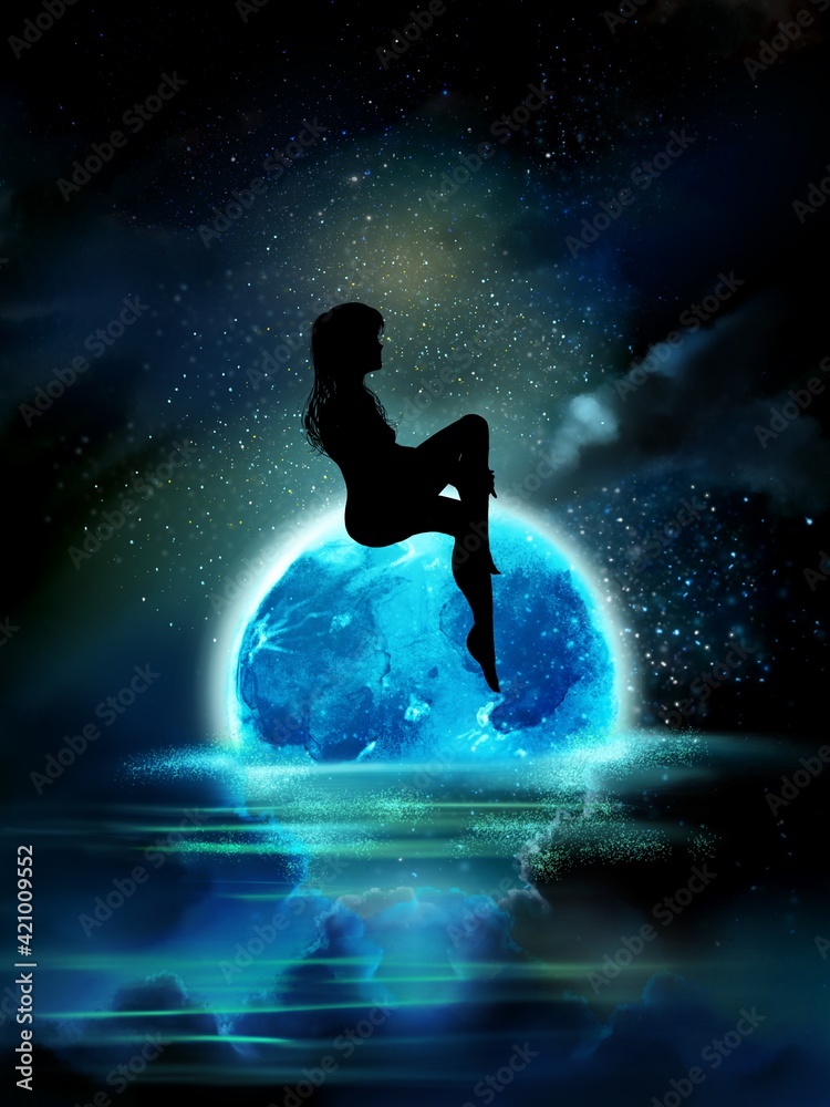 A sideways posing beautiful woman sitting alone on the full moon with the stars reflecting on the surface of the sea.