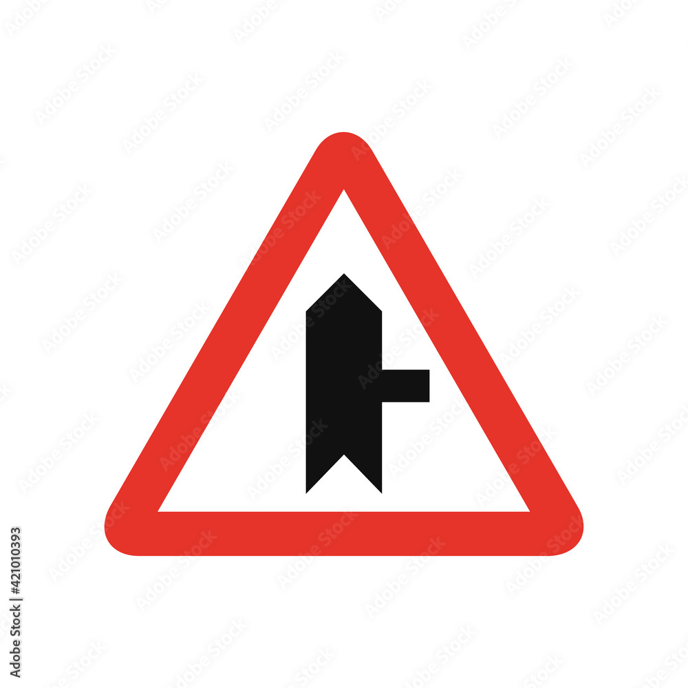 Triangular traffic signal in white and red, isolated on white background. Warning of side road on the right Triangular traffic signal in white and red, isolated on white background. Warning of side road on the right