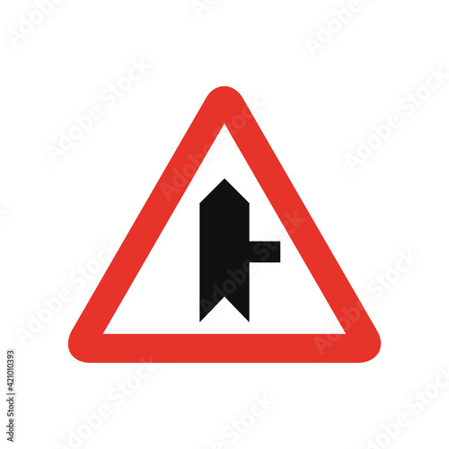 Triangular traffic signal in white and red, isolated on white background. Warning of side road on the right