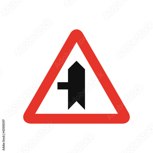 Triangular traffic signal in white and red, isolated on white background. Warning of side road on the left