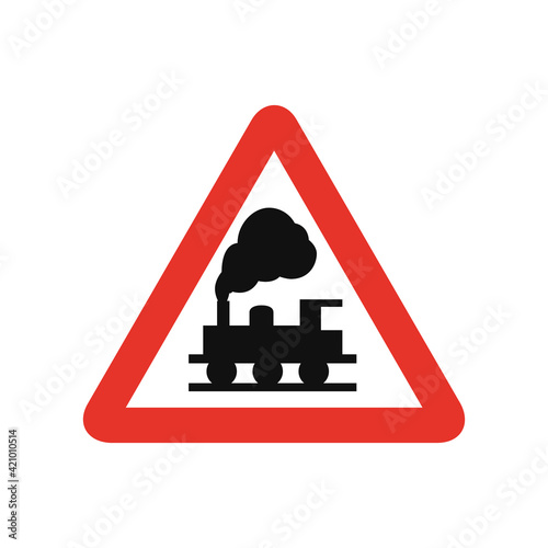 Triangular traffic signal in white and red, isolated on white background. Warning of unguarded railway crossing