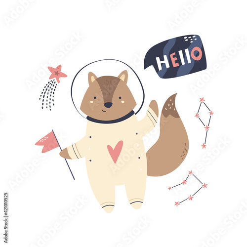 Vector illustration of a funny fox astronaut and cosmic objects.