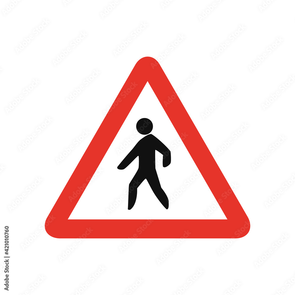 Triangular traffic signal in white and red, isolated on white background. Warning of pedestrian crossing Triangular traffic signal in white and red, isolated on white background. Warning of pedestrian crossing