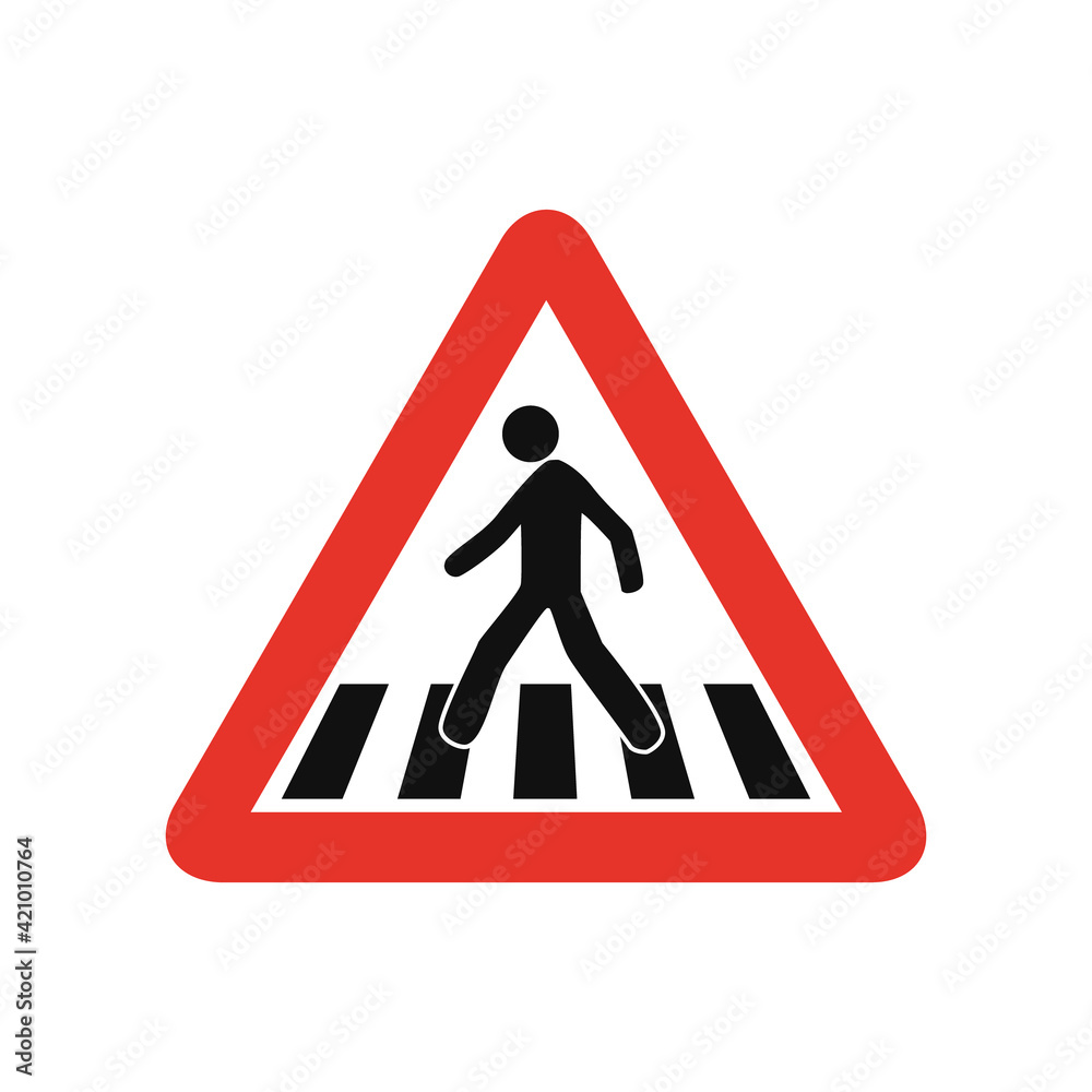 Triangular traffic signal in white and red, isolated on white background. Warning of pedestrian crossing Triangular traffic signal in white and red, isolated on white background. Warning of pedestrian crossing