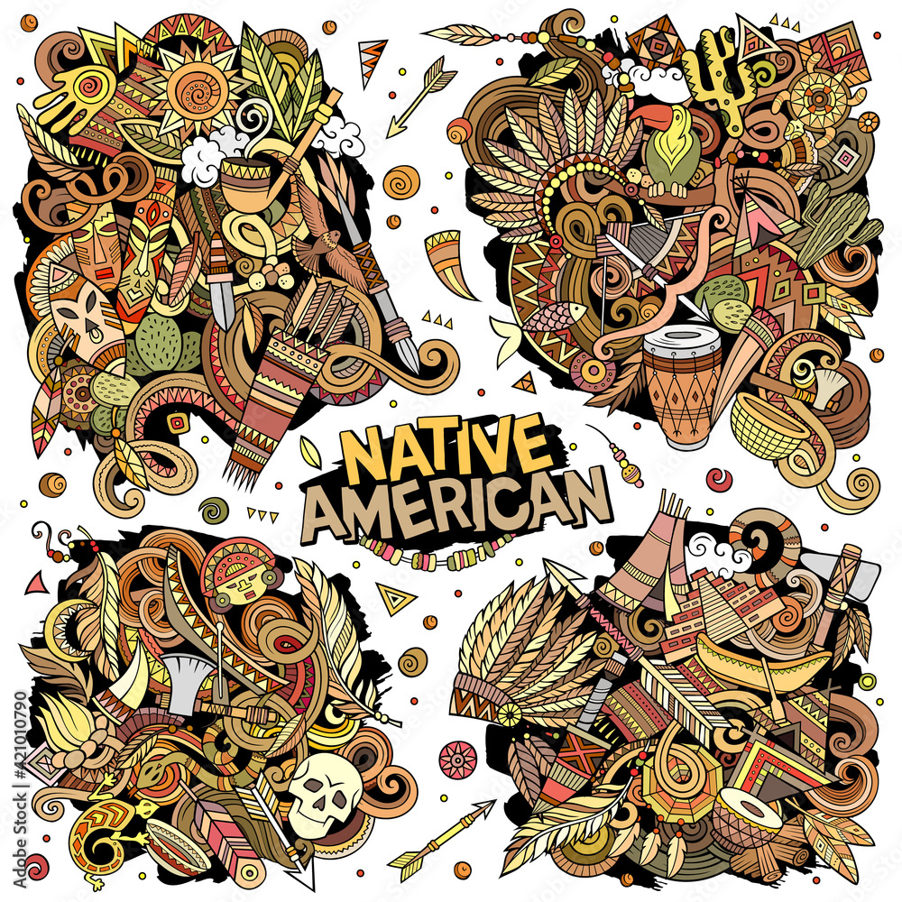 Native American cartoon vector doodle designs set.
