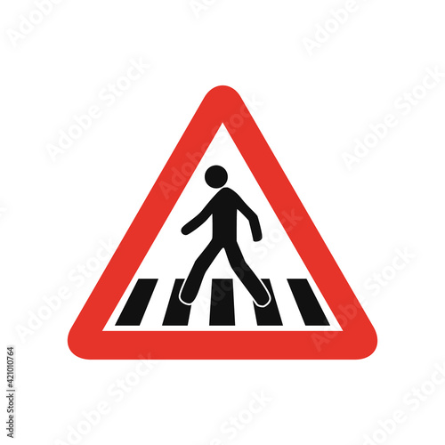 Triangular traffic signal in white and red, isolated on white background. Warning of pedestrian crossing