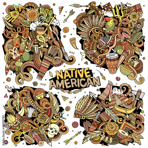 Native American cartoon vector doodle designs set.