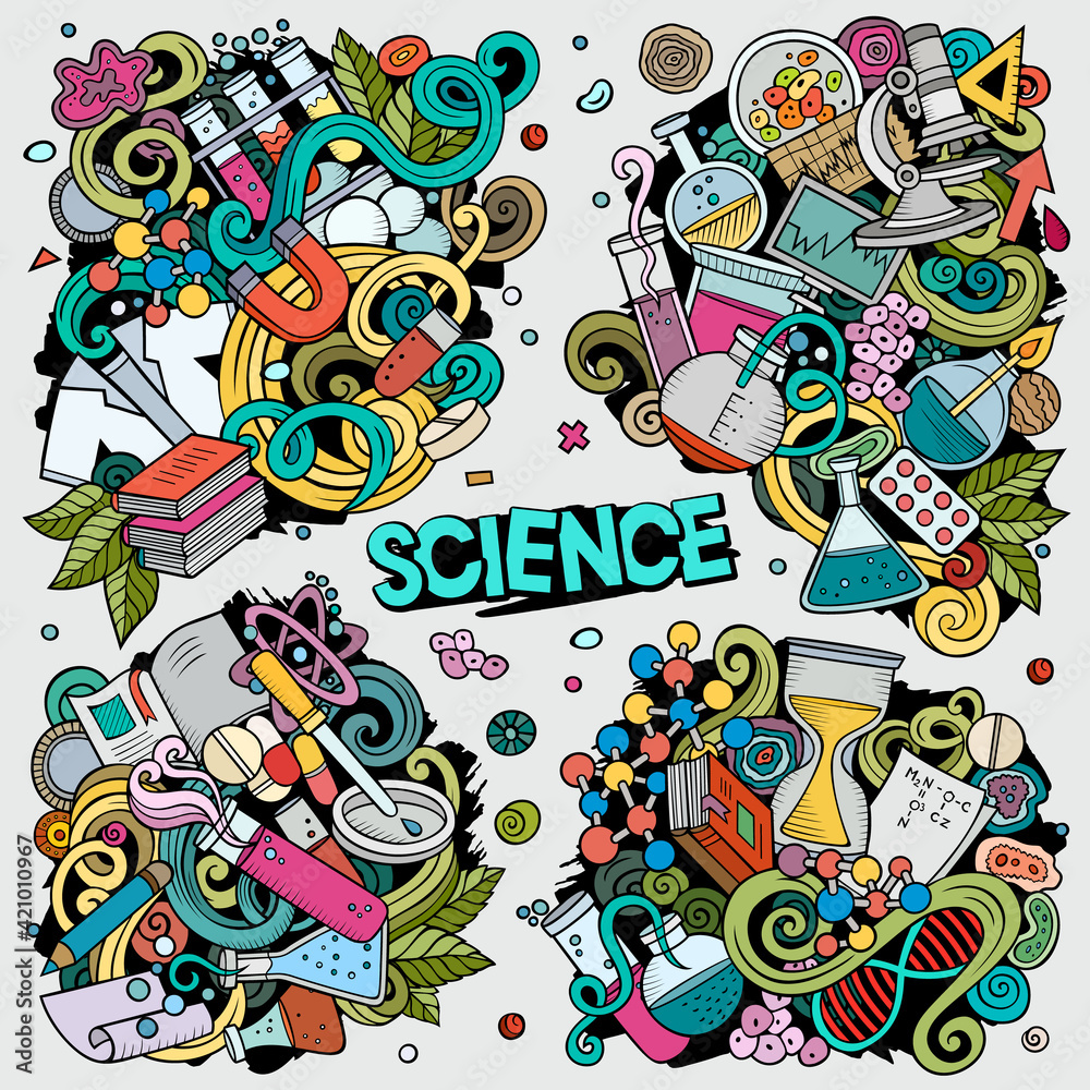 Science cartoon vector doodle designs set.