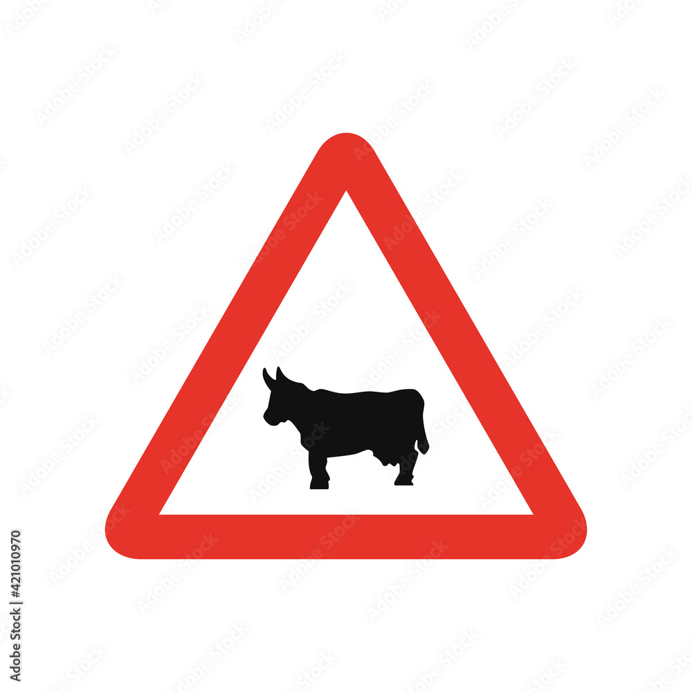 Triangular traffic signal in white and red, isolated on white background. Warning of cattle crossing Triangular traffic signal in white and red, isolated on white background. Warning of cattle crossing