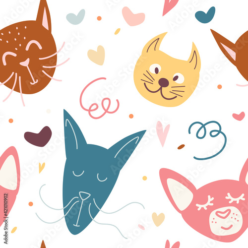 Seamless childish pattern with cute hand drawn face cats. Creative kids hand drawn texture for fabric, wrapping, textile, wallpaper, apparel. Trendy scandinavian vector background. Vector illustration