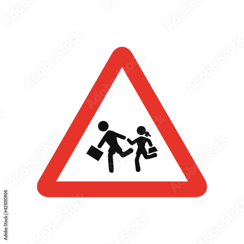 Triangular traffic signal in white and red, isolated on white background. Warning of proximity of a school or playground