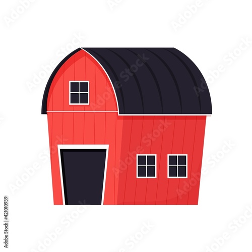 Red barn in cartoon style with door, windows isolated on white background. Farmyard building, outdoor exterior. Traditional rural warehouse. 