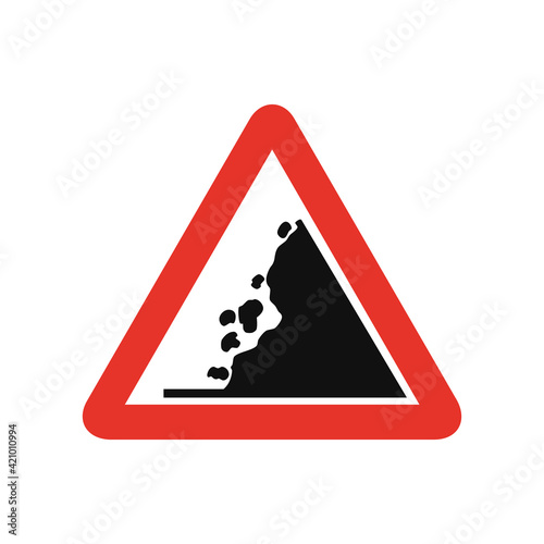 Triangular traffic signal in white and red, isolated on white background. Warning of falling rocks