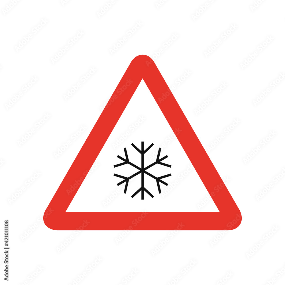 Triangular traffic signal in white and red, isolated on white background. Warning of slippery road for ice or snow Triangular traffic signal in white and red, isolated on white background. Warning of slippery road for ice or snow