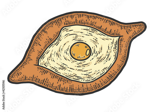 Khachapuri with egg, national food of Georgia. Sketch scratch board imitation color.