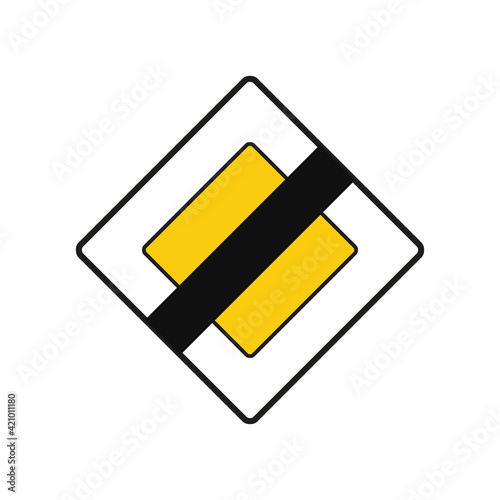 Rhomboid traffic signal in white and yellow, isolated on white background. End of priority road