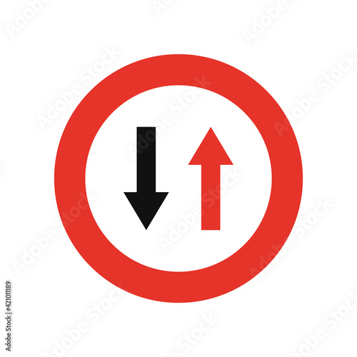 Rounded traffic signal in white and red, isolated on white background. Priority in the opposite direction